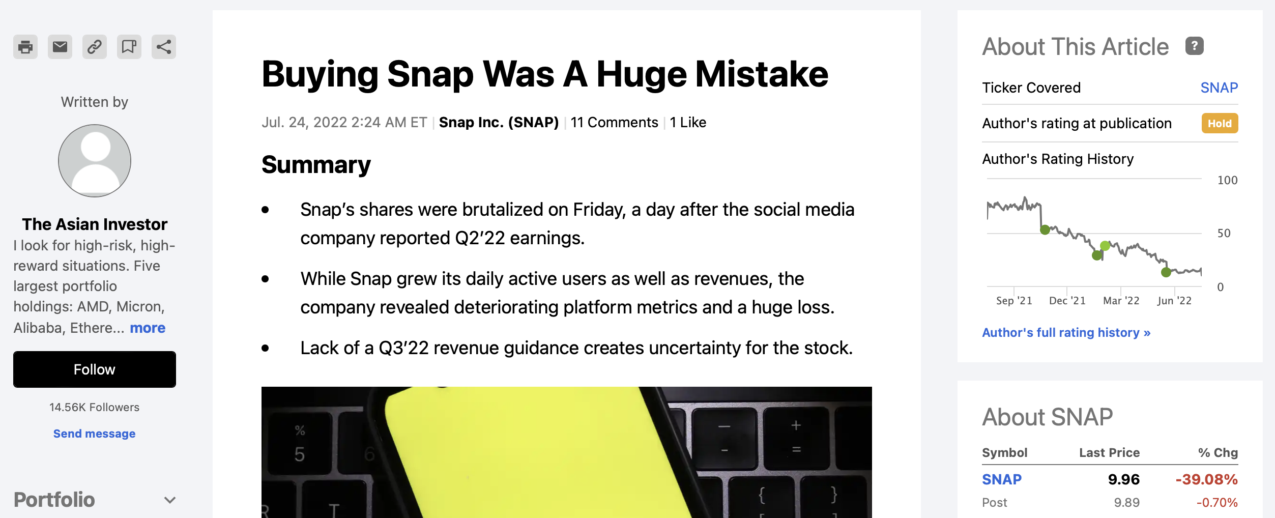 Seeking Alpha news page on Snapchat stock price